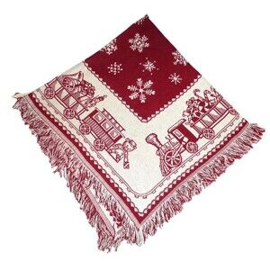 VTG Tapestry Throw turned into Christmas Tree Skirt Red White Train Crown Crafts